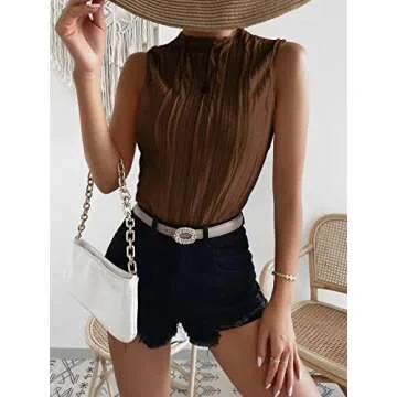 Verdusa Women's Sleeveless Mock Neck Textured Tank Top Mocha Brown M