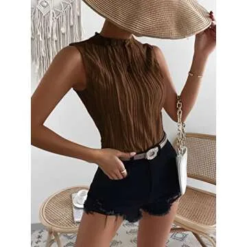 Verdusa Women's Sleeveless Mock Neck Textured Tank Top Mocha Brown M