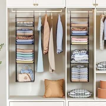 X-cosrack Hanging Closet Organizer and Storage 5 Tier Closet Hanging Shelves for Handbags & Adjustable Collapsible Hanging Clothes Sweaters Closet Organizer Metal Shelves for Bedroom Cabinet