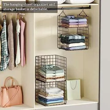 X-cosrack Hanging Closet Organizer and Storage 5 Tier Closet Hanging Shelves for Handbags & Adjustable Collapsible Hanging Clothes Sweaters Closet Organizer Metal Shelves for Bedroom Cabinet