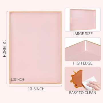YXZHUOYU Large Pink Sturdy Acrylic Serving Tray with Handles-18.9x13.8Inch, Morden Plastic Rectangul...