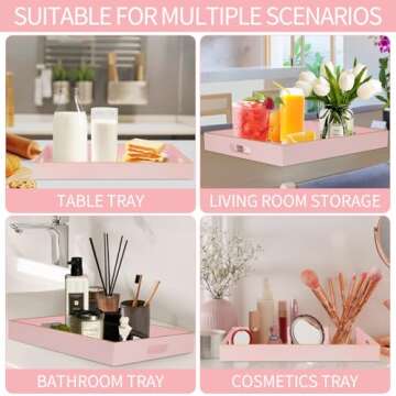 YXZHUOYU Large Pink Sturdy Acrylic Serving Tray with Handles-18.9x13.8Inch, Morden Plastic Rectangular Serving Tray for Coffee Table Bathroom, Ottoman, Home Decor