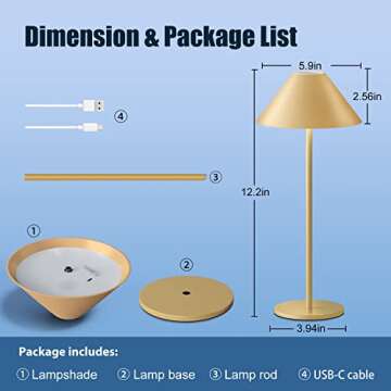 FUNTAPHANTA Gold Modern LED Lamp,Rechargeable Cordless Table Lamps, Stepless Dimming Touch Lamp, Small Battery Operated Lamp for Bedroom Bedside Desk Dining Restaurant Outdoor