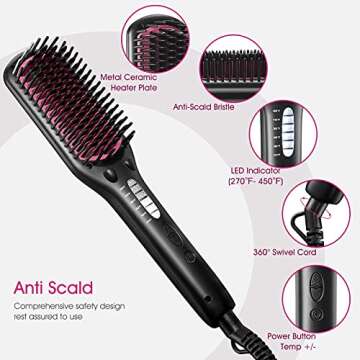 Hair Straightener Brush, MiroPure Ionic Anti-Scald Straightening Brush with Fast MCH Ceramic Heating, Adjustable Temperatures, Auto-Off & Dual Voltage, Portable Straightening Comb