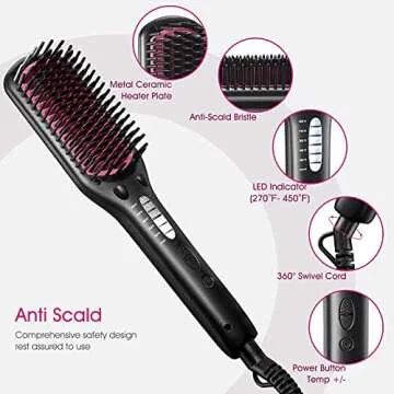 Hair Straightener Brush, MiroPure Ionic Anti-Scald Straightening Brush with Fast MCH Ceramic Heating, Adjustable Temperatures, Auto-Off & Dual Voltage, Portable Straightening Comb