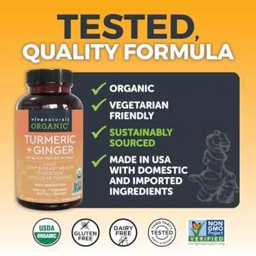 Organic Turmeric Ginger Supplements for Joint Support and Heart Health -1450 mg per Serving Tumeric and Ginger Pills with 150 of Turmeric Standardized to 95% Curcuminoids, 15mg Black Pepper Extract