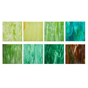 MaxGrain 6x6 inch Stained Glass Sheets Green Variety Mixed Colors Opaque Glass Packs Mosaic Art Glass for Art Crafts, 8 Sheets