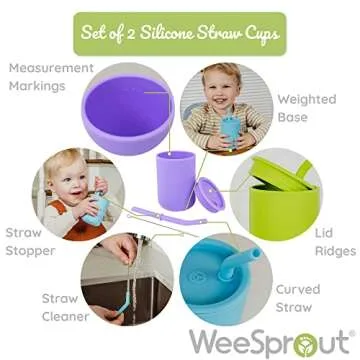 WeeSprout Silicone Baby Cups With Straws and Lids, 4 & 8 oz Options, Set of 2, Food Grade Toddler Training Container, Built In Straw Stoppers, Measurement Markings, Dishwasher Safe + Straw Cleaner