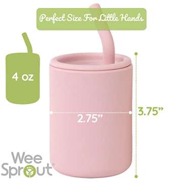 WeeSprout Silicone Baby Cups With Straws and Lids, 4 & 8 oz Options, Set of 2, Food Grade Toddler Training Container, Built In Straw Stoppers, Measurement Markings, Dishwasher Safe + Straw Cleaner