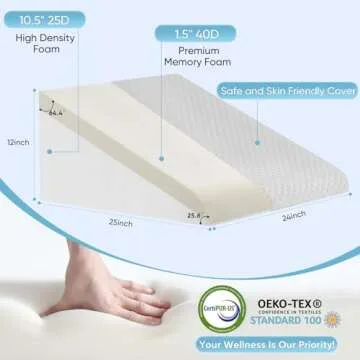 Forias Wedge Pillow for Acid Reflux Relief 12" Bed Wedge Pillow for Headboard Triangle Pillow Wedge for Sleeping Post Surgery Legs Back Pain Gerd Snoring, Soft Memory Foam Top & Washable Cover