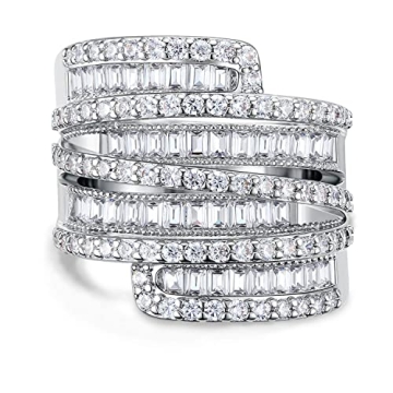 OPOMOMO Eternity Ring Wedding Band,18K White Gold Plated 4 Row Baguette Cubic Zirconia Rings Halo Co...