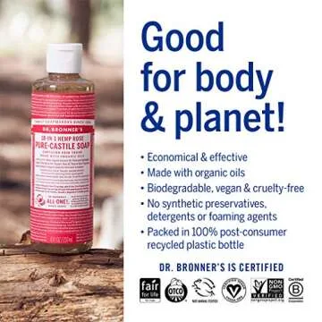 Dr. Bronner's - Pure-Castile Liquid Soap (Rose, 16 ounce) - Made with Organic Oils, 18-in-1 Uses: Face, Body, Hair, Laundry, Pets and Dishes, Concentrated, Vegan, Non-GMO