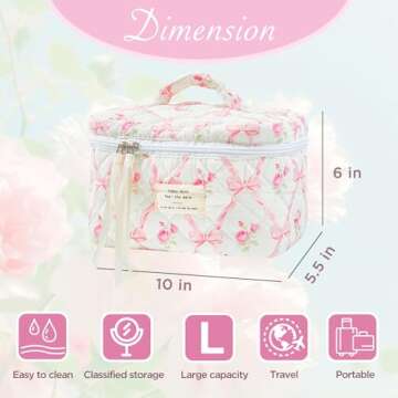 Sminra Makeup Bag Large Travel Quilted Cosmetic Organizer for Women Girls - Floral Cotton Coquette A...