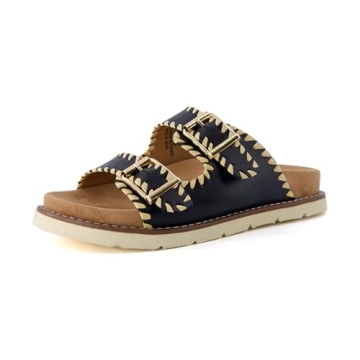 CUSHIONAIRE Women's Wyatt whipstitch footbed sandal with +Comfort, Wide Widths Available, Black Smooth 8