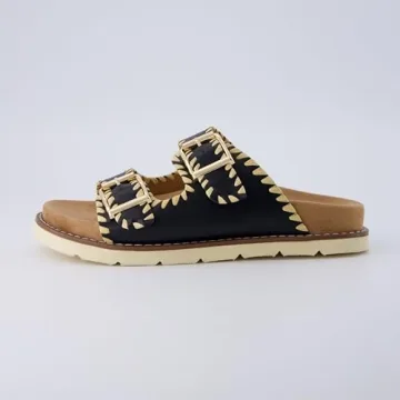 CUSHIONAIRE Women's Wyatt whipstitch footbed sandal with +Comfort, Wide Widths Available, Black Smooth 8