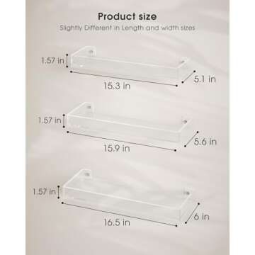 MaxGear Acrylic Clear Floating Shelves with Edge, Wall Mounted Hanging Bookshelves, Decorative Display Wall Shelves Storage Organizer for Bathroom, Bedroom, Kitchen, Easy Installation, Set of 3