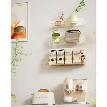MaxGear Acrylic Clear Floating Shelves with Edge, Wall Mounted Hanging Bookshelves, Decorative Display Wall Shelves Storage Organizer for Bathroom, Bedroom, Kitchen, Easy Installation, Set of 3