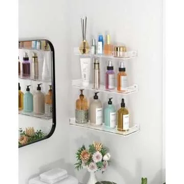 MaxGear Acrylic Clear Floating Shelves with Edge, Wall Mounted Hanging Bookshelves, Decorative Display Wall Shelves Storage Organizer for Bathroom, Bedroom, Kitchen, Easy Installation, Set of 3