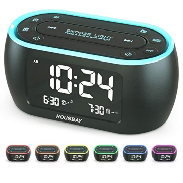HOUSBAY Glow Small Alarm Clock Radio for Bedrooms with 7 Color Night Light, Dual Alarm, Dimmer, USB ...