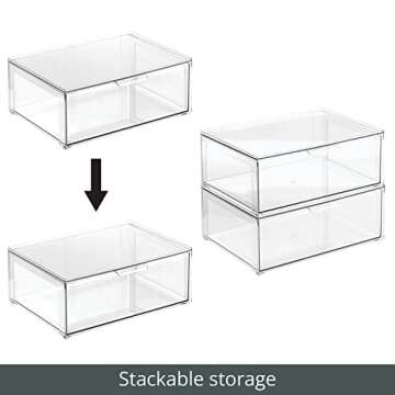 mDesign Plastic Stackable Bathroom Storage Organizer Bin Containers with Front Pull Drawer for Bathroom Countertop, Vanity, Closet Shelves - Holder for Beauty Accessories - Lumiere Collection - Clear