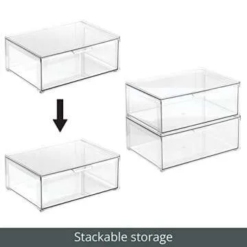 mDesign Plastic Stackable Bathroom Storage Organizer Bin Containers with Front Pull Drawer for Bathroom Countertop, Vanity, Closet Shelves - Holder for Beauty Accessories - Lumiere Collection - Clear