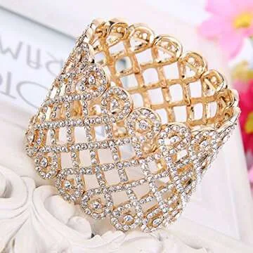 Art Deco Wide Stretch Bridal Bracelet - Gold Tone Crystal