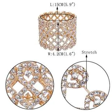 Art Deco Wide Stretch Bridal Bracelet - Gold Tone Crystal
