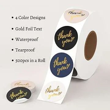 Mobiusea Party Thank You Stickers Roll | Stylish Gratitude | 1.5 Inch | 500 Waterproof Labels for Sm...