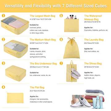 Packing Cubes for Travel 7 Set, Luggage Packing Organizers with Shoe Bag and Toiletry Bag (Yellow)