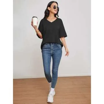 ATHMILE V Neck T Shirts for Women Oversized Tees Half Sleeve Cozy Comfy Tunic 2025 Y2K Tops Casual Black