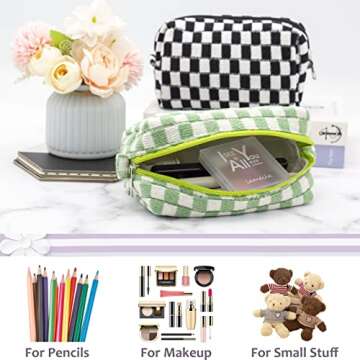 PAZIMIIK Checkered Makeup Bag for Purse Portable Zipper Make Up Pouch Small Cosmetic Case for Travel Accessories (Light Green)