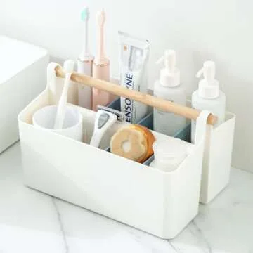 Vidifor Large Portable Basket with Handle, Plastic Craft Storage Organizer Caddy Tote with Adjustable Divided for Makeup Art Supplies, Sewing, Colored Pencils-Blue