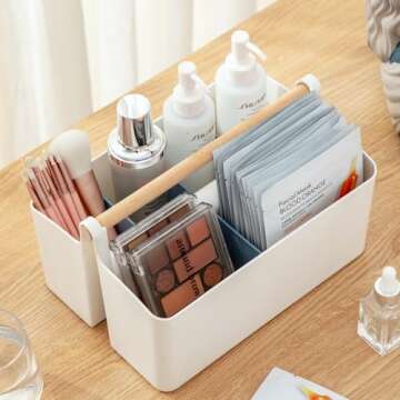 Vidifor Large Portable Basket with Handle, Plastic Craft Storage Organizer Caddy Tote with Adjustable Divided for Makeup Art Supplies, Sewing, Colored Pencils-Blue