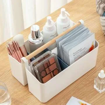 Vidifor Large Portable Basket with Handle, Plastic Craft Storage Organizer Caddy Tote with Adjustable Divided for Makeup Art Supplies, Sewing, Colored Pencils-Blue