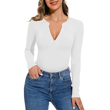 REORIA Women's V Neck Ribbed Bodysuit Slimming & Soft