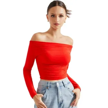 SUUKSESS Off Shoulder Long Sleeve Crop Top for Women