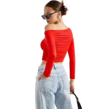 SUUKSESS Off Shoulder Long Sleeve Crop Top for Women