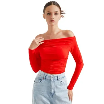 SUUKSESS Off Shoulder Long Sleeve Crop Top for Women