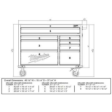 Milwaukee Heavy Duty Red & Black 46 in. 8-Drawer Rolling Steel Storage Cabinet | Contemporary Hardware Chest for Your Carpentry or Construction Tools like Drills, Wrenches, Drivers & Battery Packs