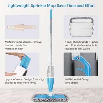 Microfiber Spray Floor Mops for Floors Cleaning- Hardowod Floor Mops with 440ML Refillable Bottles,3 Washable Mop Pads and 1 Scraper Dust Mop Wet Mop for Laminate,Hardwood,Ceramic