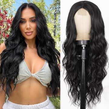AISI QUEENS Long Black Wavy Wig for Stylish Women