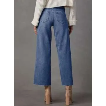 Dokotoo Wide Leg Jeans for Women Trendy Womens Pants High Waisted Pants Women Baggy Straight Capri Petite 2025 Summer Boyfriend Jeans Outfits Fashion Clothing Casual Trousers Stretch Denim Blue