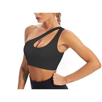MATHACINO One Shoulder Sports Bra for Women Sexy Cute Workout Yoga Bra Medium Support Black