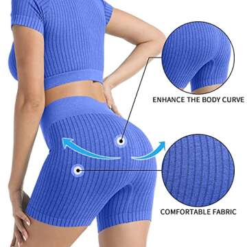OYS Women's Seamless Workout Set 2 Piece High Waisted Yoga Gym Shorts Outfits Running Active Crop Top Clothes Blue