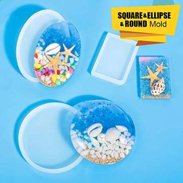 LEOBRO 5 Pack Resin Molds, Include Round, Square, Rectangle, Ellipse, Small Rectangle Shaped Jewelry Casting Molds, Coaster Molds, Come with 1PCS A4 Silicone Sheet and 1PCS Tweezers