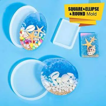 LEOBRO 5 Pack Resin Molds, Include Round, Square, Rectangle, Ellipse, Small Rectangle Shaped Jewelry Casting Molds, Coaster Molds, Come with 1PCS A4 Silicone Sheet and 1PCS Tweezers