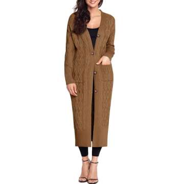 Danedvi Women's Long Cardigans Long Sleeve Cable Knit Button Down Open Front Chunky Knit Sweaters Coats with Pockets Brown