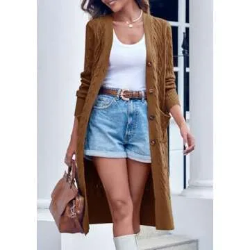 Danedvi Women's Long Cardigans Long Sleeve Cable Knit Button Down Open Front Chunky Knit Sweaters Coats with Pockets Brown