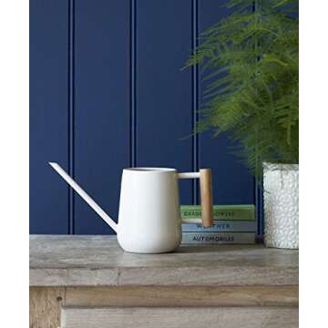 HENSITA Gardenbb Indoor Watering Can in Stone Cream 12floz Lightweight with Wooden Handle Thin Spout