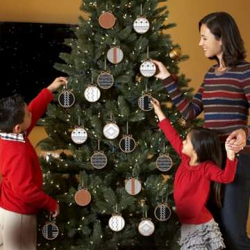 Gerrii 24 Pack Christmas Boho Ornaments Wooden Christmas Round Ornaments with Bow Christmas Tree Hanging Sign Farmhouse Supplies for Xmas Tree Decoration(Aztec)